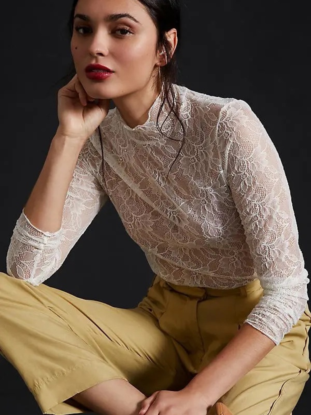 Anthropologie Sheer Floral Lace Mock Neck long sleeve
